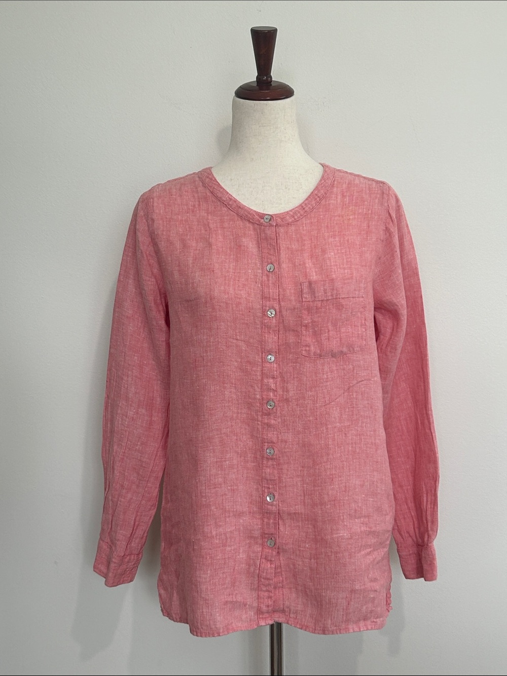 Sigrid Olsen Pink 100% Linen Button-Up Collarless Shirt‎ Size Small EUC